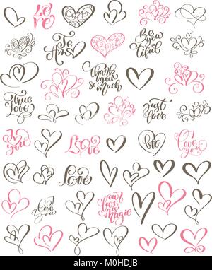 Set di grande scritto a mano scritte circa l amore per il giorno di san valentino e di cuore design poster, Cartolina photo album, banner, fiorire calligraphy illustrazione vettoriale collection Illustrazione Vettoriale