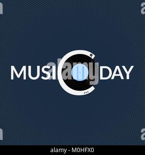 Minimalista musica mondiale giorno logo. Vettore logo stilizzato isolato su sfondo blu. Illustrazione del testo e vinil gramophone record Illustrazione Vettoriale