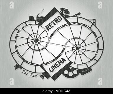 Cinema un concetto di design in stile retrò con bobina di film e film ritorto nastri, spotlight, telecamere sul vecchio sfondo. Illustrazione Vettoriale. Illustrazione Vettoriale