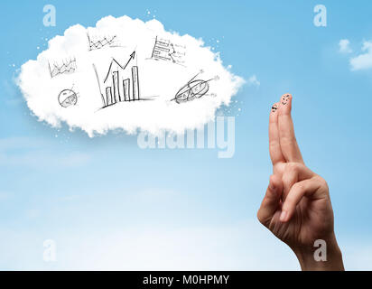 Felice allegro smiley dita guardando al cloud computing con la mano i grafici disegnati Foto Stock