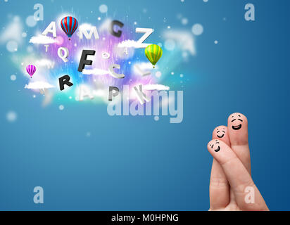 Felice allegro smiley dita guardando colorato nuvole magico e palloncini illustrazione Foto Stock