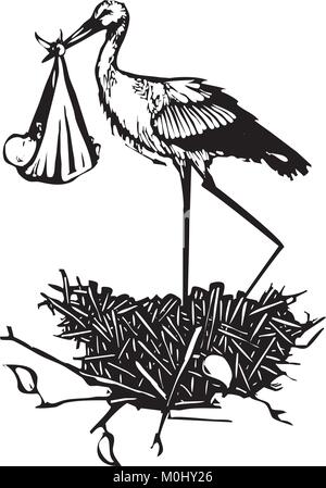 Silografia espressionista stile immagine di un molto alto di Stork offrendo un bambino in un nido Illustrazione Vettoriale