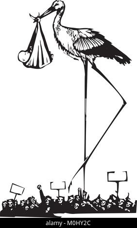 Silografia espressionista stile immagine di un molto alto di Stork offrendo un bambino durante una manifestazione di protesta Illustrazione Vettoriale