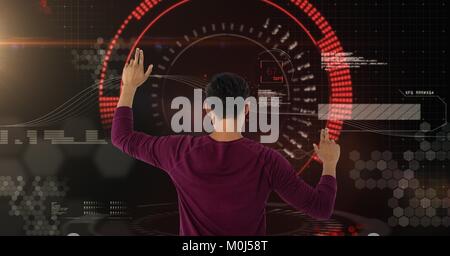 Uomo di toccare interfaccia blu Foto Stock