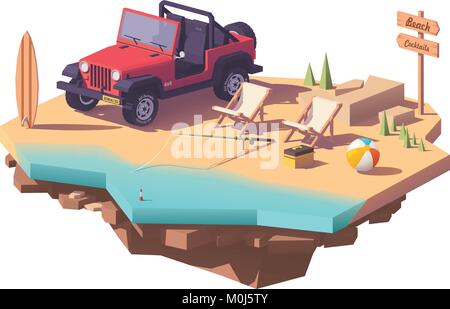 Vettore low poly veicolo fuoristrada sulla spiaggia Illustrazione Vettoriale