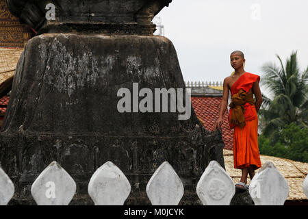 Giovane monaco guarda la Elephant Parade per pi mai il Lao Anno nuovo nel Patrimonio Mondiale UNESCO Città di Luang Prabang, Laos Foto Stock