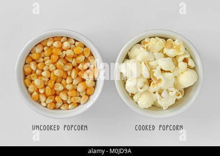 Essiccato di chicchi di mais e pop corn in ciotole su sfondo bianco Foto Stock