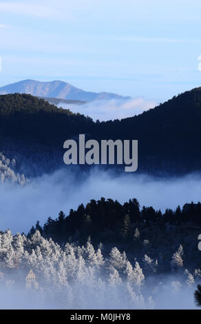 Nebbia mattutina nelle valli, Rocky Mountain foothills appena ad ovest di Boulder, CO Foto Stock
