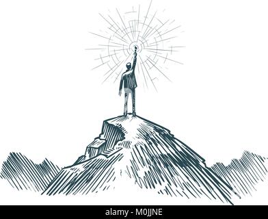 L uomo si erge sulla cima della montagna con la torcia in mano. Business, il raggiungimento obiettivo, il successo, la scoperta del concetto. Schizzo illustrazione vettoriale Illustrazione Vettoriale