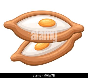 Khachapuri Adjarian pane appena sfornato piatto con ripieno di formaggio e uovo crudo piatto piatto illustrazione vettoriale su sfondo bianco pagina del sito web e mobile app design Illustrazione Vettoriale