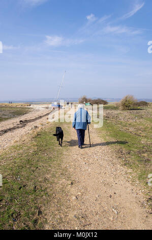 Signora senior a piedi il suo nero labrador a Hayling Island Foto Stock