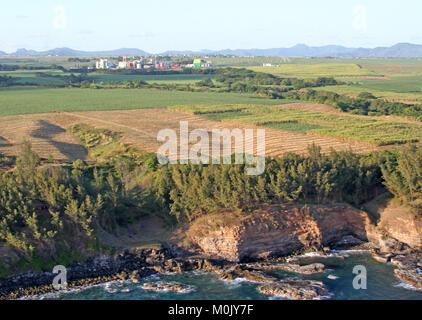 Vista di campi agricoli e la scogliera di roccia da un elicottero, Savanne District, la Repubblica di Maurizio. Foto Stock