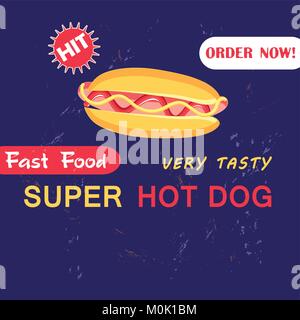 Illustrazione di pubblicità con hot dog su uno sfondo blu scuro Illustrazione Vettoriale