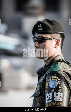 Corea del Sud soldati di guardia, rivolta verso la Corea del Nord a DMZ. Foto Stock