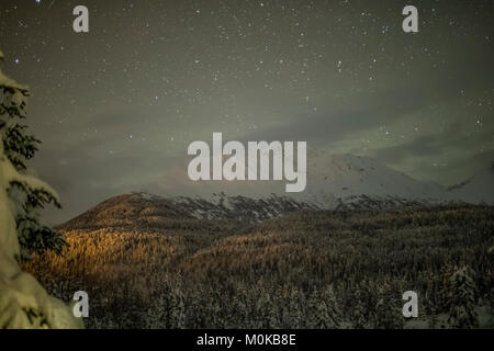 L'inquinamento luminoso illumina una foresta di abete su una montagna in una notte stellata con neve che copre il crinale di montagna in lontananza, Penins Kenai... Foto Stock