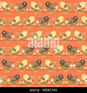 Natura pattern con giallo e marrone uccelli, ramoscelli e margherite un corallo sfondo arancione. Foto Stock