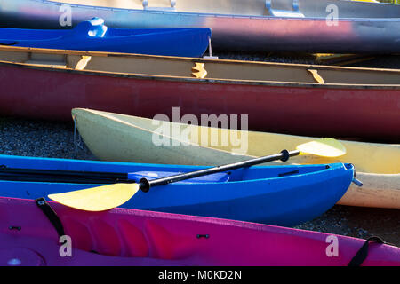 Una varietà di colorate canoe e kayak sulla riva con una pagaia, Lakeside Camp; Whidbey Island, Washington, Stati Uniti d'America Foto Stock