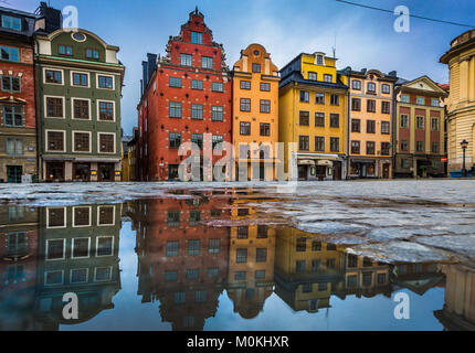 Case colorate al famoso Stortorget town square a Stoccolma storico di Gamla Stan (la Città Vecchia) riflettendo in una pozzanghera con cielo blu, Stoccolma, Svezia Foto Stock