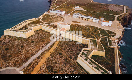 Sagres Rocca di sera vista aerea, Portogallo Foto Stock
