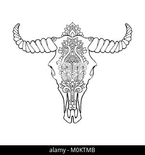 Mandala stile tatuaggio Vacche morte testa. Ornamento decorativo buffalo cranio. Nativo di arte indiana Schizzo etnico design. Tribali stile Boho pattern. Illustrazione Vettoriale. Illustrazione Vettoriale