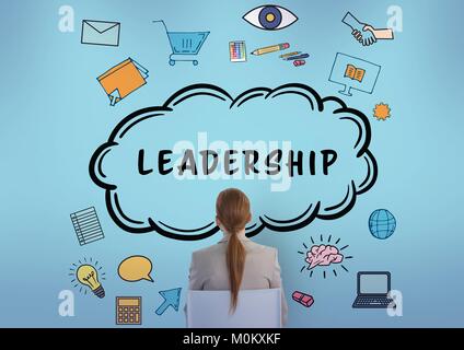 Donna seduta guardando doodle di leadership Foto Stock