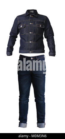 Jeans blu e giacca isolati su sfondo bianco jeans fashion Closeup jeans denim tessuto di sfondo texture Foto Stock