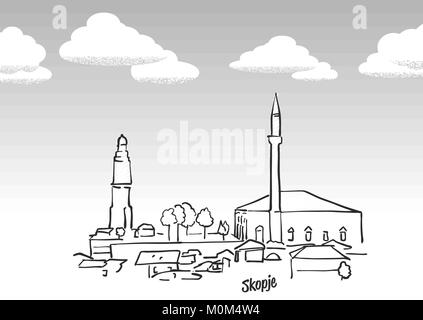 Skopje, Macedonia famoso sketch. Lineart disegno a mano. Biglietto di auguri icona con titolo, illustrazione vettoriale Illustrazione Vettoriale
