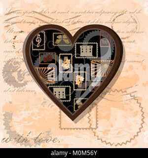 Cuore marrone in una cornice di legno in stile vintage Illustrazione Vettoriale