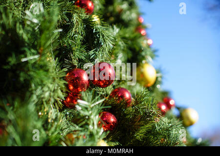 Oro Rosso e baubles su un grande albero di Natale al di fuori in una giornata di sole contro un cielo blu. Foto Stock
