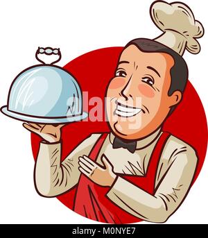Lo chef felice con il vassoio in mano. Ristorante, eatery, food concept. Fumetto illustrazione vettoriale Illustrazione Vettoriale
