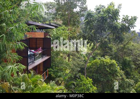 Costa Rica,osa peninsula,donna nella sua amaca in terrazza di un contemporaneo design suite nell'ecolodge Kura ville design,nel mezzo della foresta Foto Stock