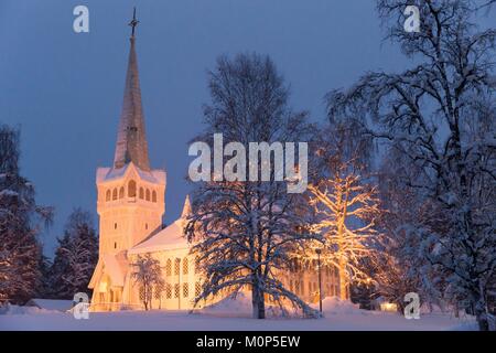 La Svezia,Lapponia,regione elencato come patrimonio mondiale dall UNESCO,Norrbotten County,Jokkmokk chiesa nel cuore della città,capitale dei Sami Foto Stock