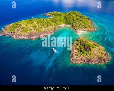 Francia,caraibi,Piccole Antille,Guadalupa,Basse-Terre,Bouillante,vista aerea delle isole di piccione,nel cuore dell'Cousteau riserva naturale in Malendure,alto luogo di scuba diving dell'arcipelago (vista aerea) Foto Stock