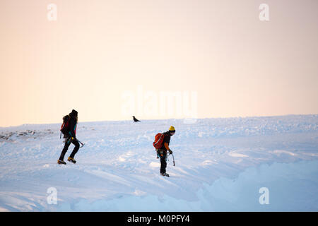 Un paio di scalatori sul vertice di Helvellyn, Lake District, Regno Unito, con un corvo. Foto Stock