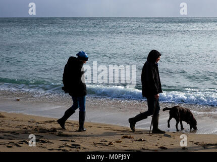 I turisti a piedi il loro cane su Towan Beach, vicino Portscatho sulla penisola di Roseland, in Cornovaglia, Gran Bretagna Dicembre 29, 2017 Foto Stock