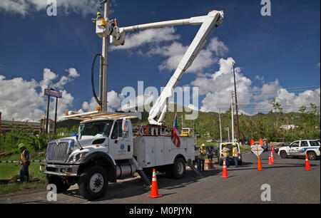 Caguas, Porto Rico, Ottobre 31, 2017 - Puerto Rico Energia Elettrica competente personale lavora per ripristinare l'alimentazione dopo l uragano María seriamente danneggiato di Puerto Rico potenza elettrica infrastruttura di grid. Foto Stock