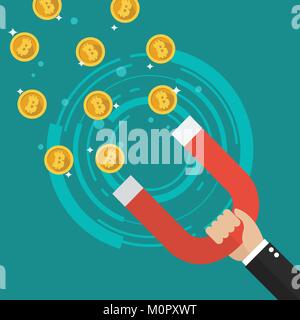 Imprenditore tenendo il magnete attirando bitcoin. Il concetto di business Illustrazione Vettoriale