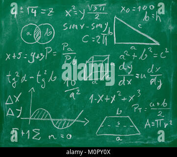 Formule matematiche e indicazioni su una lavagna Foto Stock