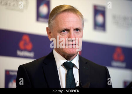 Londra, Regno Unito. 24 gen 2018. L'Irlanda Head Coach Joe Schmidt intervistata presso la Natwest Sei Nazioni di rugby lancio all'Hilton Syon Park a Londra. Credito: Phil Rees/Alamy Live News Foto Stock