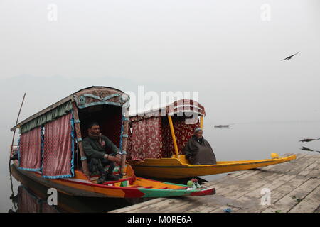 Srinagar Kashmir. 23 gen 2018. Giallo shikaras, piccola di acqua di legno barche taxi, attendere per i clienti durante il freddo e la nebbia di mattina sulla rive del dal Lago. Credito: Arfath Naseer/ Pacifico premere/Alamy Live News Foto Stock