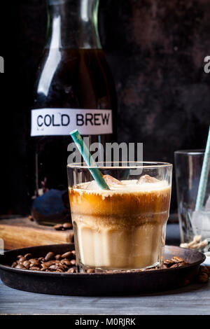 Il freddo a preparare il caffè con i cubetti di ghiaccio e creamer per caffè Foto Stock