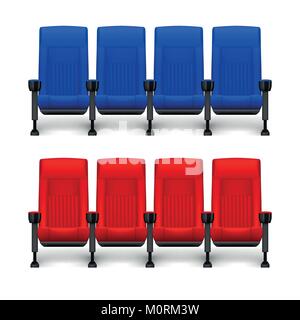 Set di realistico confortevoli sedie di film per il cinema teatro. Cinema vuoto di rosso e di blu posti. Illustrazione Vettoriale Illustrazione Vettoriale