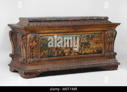 Questo cassone presenta un pannello frontale dipinto che raffigura la storica conquista di Trebisonda. L'opera d'arte è un esempio di artigianato rinascimentale e di narrazione attraverso l'arte. Foto Stock
