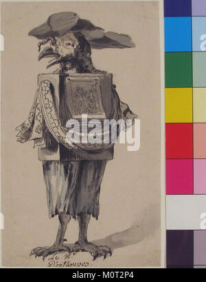 La *caricatura di un Printseller* è un'opera d'arte storica, raffigurante un commerciante di stampe in modo esagerato e satirico. L'opera riflette il commento dell'arte del XVII secolo sulle dinamiche sociali e sul commercio della stampa durante quell'epoca. Foto Stock