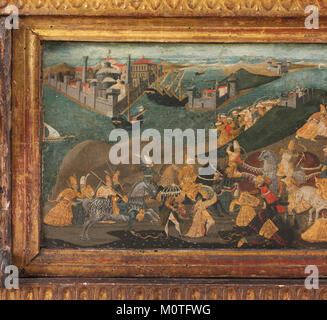 Questo cassone dipinto, un grande petto decorativo, presenta un intricato pannello frontale che raffigura l'evento storico della conquista di Trebisonda. Il pezzo è conservato nella collezione del Metropolitan Museum of Art Foto Stock