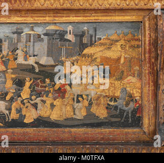 Questo Cassone, una cassa decorata del periodo rinascimentale, presenta un pannello frontale dipinto raffigurante la conquista di Trebisonda. L'opera d'arte mostra scene storiche e illustra il significato artistico e culturale del periodo, con particolare attenzione agli eventi medievali. Foto Stock