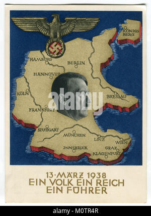 Vecchia cartolina tedesca "ein volk ein reich ein führer" 1938, Germania, il terzo Reich, la seconda guerra mondiale Foto Stock