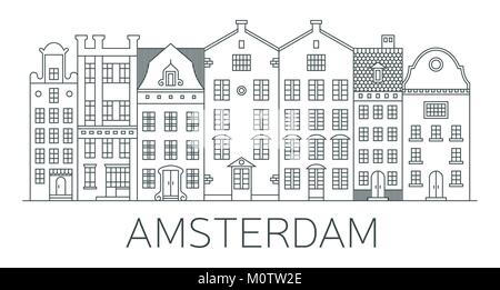 Banner di Amsterdam city in linea piana di stile. Linea di Amsterdam art. Unione città vecchia. Città olandese il paesaggio. Design piatto stile. Illustrazione Vettoriale