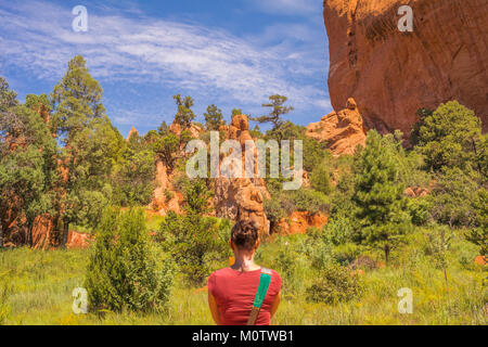 Donna di scattare le foto nel giardino degli dèi park, Colorado Springs, Colorado, STATI UNITI D'AMERICA Foto Stock