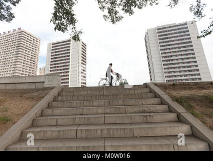 Corea del Nord uomo in bicicletta in città, provincia di Pyongan, Pyongyang, Corea del Nord Foto Stock